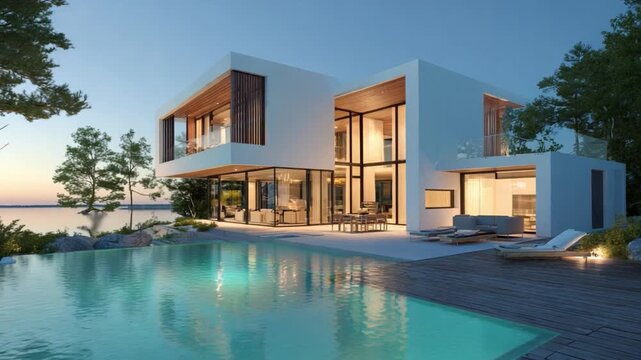 Luxury Modern House with Pool: An opulent, contemporary home, complete with a shimmering pool, reflects the serene dusk and luxury lifestyle.