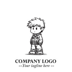 Black and White Chibi Boy Illustration with Jacket and Boots in Bold Thick Line Art Minimal Style
