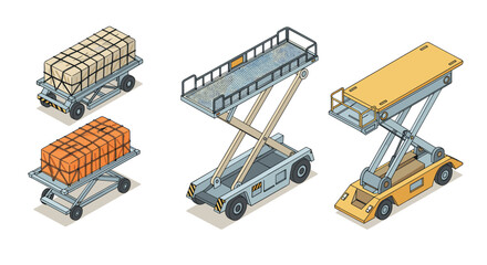 Isometric cargo carts and lifts industrial equipment for efficient goods handling
