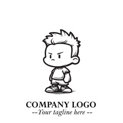 Black and White Chibi Boy Illustration with Jacket and Boots in Bold Thick Line Art Minimal Style