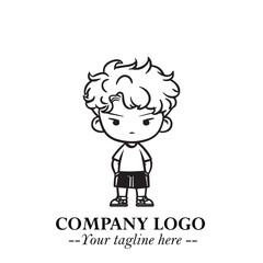 Black and White Chibi Boy Illustration with Jacket and Boots in Bold Thick Line Art Minimal Style