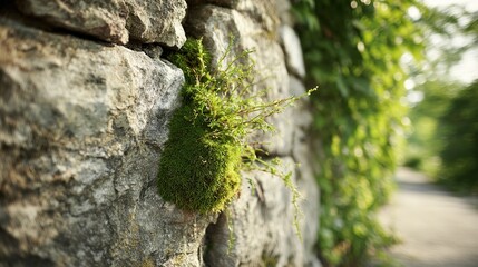 Green moss and small plants on gray stone wall, lush, in natural outdoor environment, close-up, copy space.