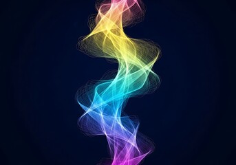 Obraz premium Vertical abstract swirling ribbon of rainbow colored particles, forming a dynamic shape against a dark blue background, representing energy or movement