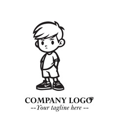 Black and White Chibi Boy Illustration with Jacket and Boots in Bold Thick Line Art Minimal Style