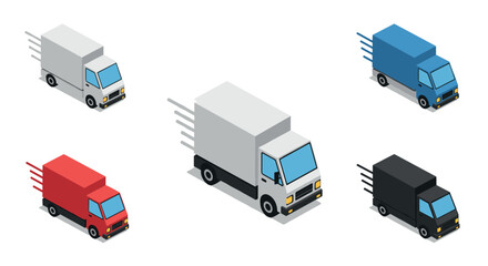 Colorful isometric delivery trucks on white background