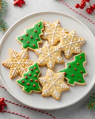 Festive decorated sugar cookies shaped like stars snowflakes and christmas trees on a holiday table setting