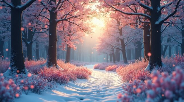 Magical winter forest path bathed in soft pink and golden sunlight