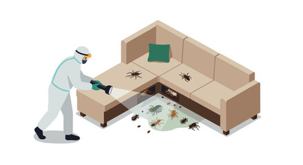 Pest control worker exterminating insects infesting a couch in isometric style