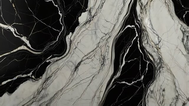 Elegant black and white marble texture with natural flowing veins, creating a luxurious and abstract background suitable for interior design, architecture, or modern art concepts.
