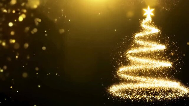 A vibrant motion graphic featuring a bright golden light spiraling quickly to form a classic Christmas tree shape on a contrasting dark, cool background.