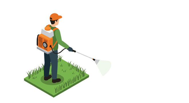 Gardener spraying lawn with backpack sprayer in isometric style