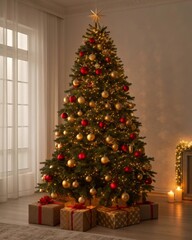 Decorating a tall christmas tree with gold and red ornaments in a warmly lit room featuring soft glowing lights and presents underneath