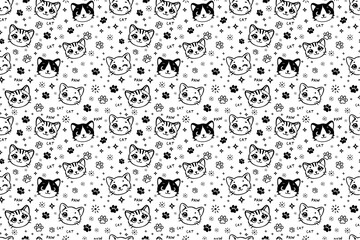 Seamless cute cat pattern with paws and faces