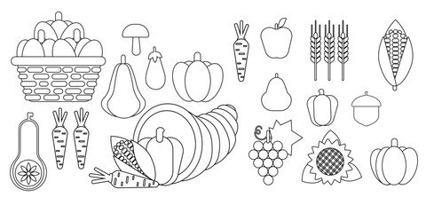Black line art illustration of cornucopia filled with pumpkins, corn, wheat, grapes, pepper, carrot, and sunflower. Perfect for Thanksgiving and fall themed designs.