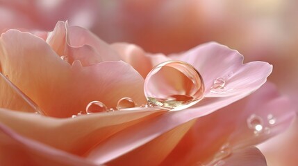 Close-up of a delicate water drop on a soft pink rose petal, creating a beautiful romantic and gentle atmosphere, nature beauty and purity concept.