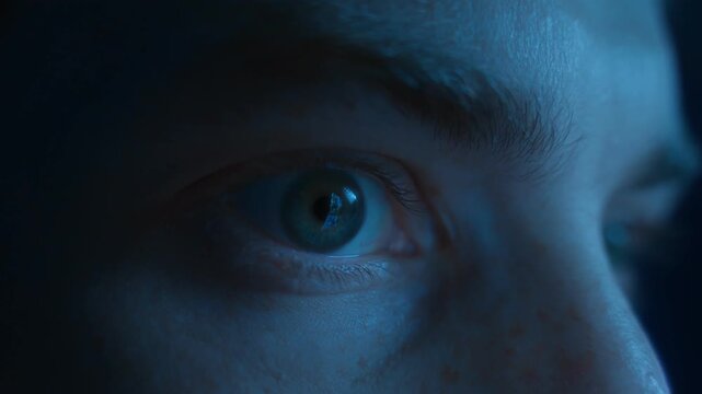 Close-up of a man wide-open eyes staring continuously at the screen in fear and astonishment. Addiction to social media, digital dependence and mindlessly doomscrolling 