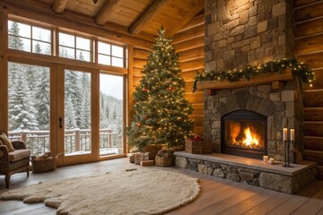 Cozy christmas gathering in a wooden log cabin living room featuring a stone fireplace and handmade decorated pine tree
