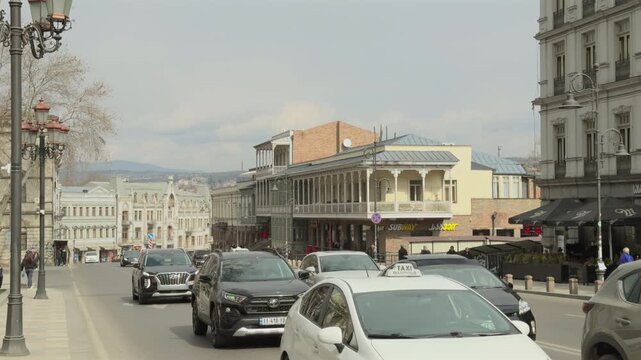 day time tbilisi city center old town traffic street panorama 4k georgia