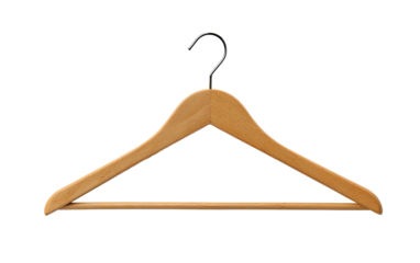Wooden clothes hanger, smooth, light-tan, triangular shape, curved ends