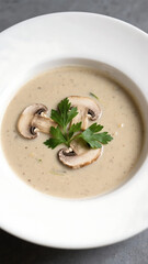 Creamy mushroom soup with parsley garnish in a white bowl, tasty and warm