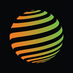 Abstract sphere with swirling orange to green gradient stripes on black background globe circle