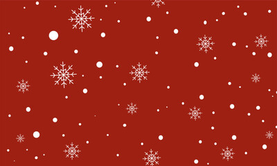 A minimalist winter-themed pattern featuring white snowflakes and circular dots scattered on a solid red background, perfect for festive backgrounds, wrapping paper, and holiday-themed graphic design 