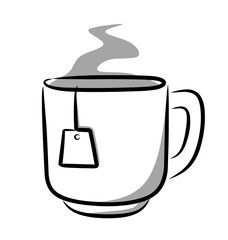 Hand-drawn line illustration of a tea cup with a tea bag string and gentle steam rising, created with minimal shading, perfect for cozy beverage designs, menu decoration, and relaxing themed artwork.