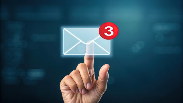 Finger points to glowing email icon with notification badge