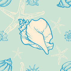 line art illustration of various seashells and starfish on a deep ocean background. Marine elements drawn in a minimal elegant style.