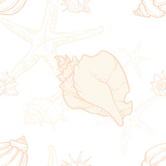 line art illustration of various seashells and starfish on a deep ocean background. Marine elements drawn in a minimal elegant style.