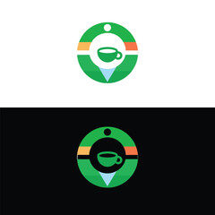 Modern coffee shop logo design featuring a coffee cup inside a circular location pin, perfect for cafes, coffee shops, or any business related to the coffee industry