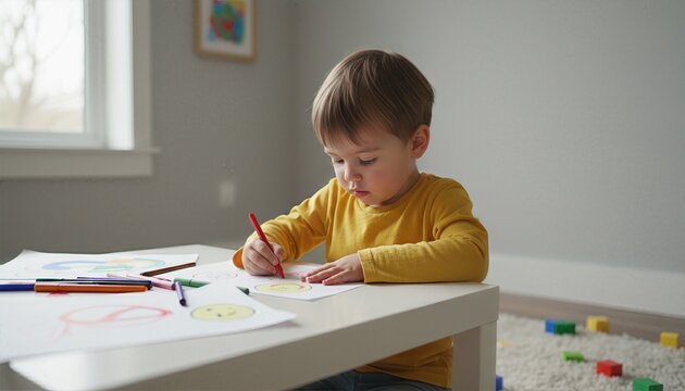 A focused toddler drawing with a red pencil at a white table at home. Child engaged in a creative art activity for early development and education