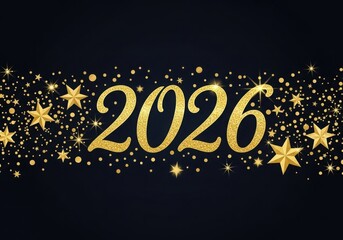 Golden 2026 text with sparkling stars and confetti on black background