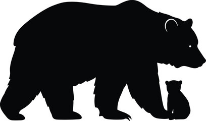 Bear silhouette, mother and cub, wildlife illustration, animal bond, forest scene, black vector, nature art, protective parent, minimalist design