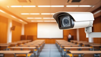 Security camera installed in a classroom with rows of desks and a projector screen