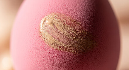 Fototapeta premium Macro shot of liquid foundation swatch on pink makeup sponge An extreme close-up (macro) shot of a vibrant pink, porous makeup sponge (beauty blender)