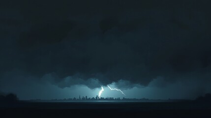 A dramatic lightning strike illuminates a dark, stormy sky over a city skyline. Thick clouds create a moody atmosphere, enhancing the sense of impending weather.