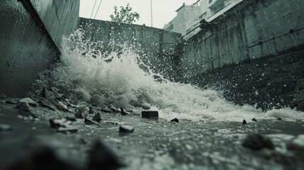A flooded urban area with water splashing against concrete walls. Debris is scattered around, indicating heavy rainfall and potential flooding.