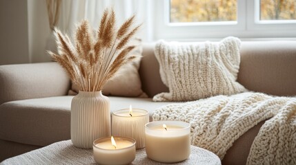A cozy living room scene with a beige sofa, a knitted blanket, and a table with three lit candles. A vase with dried pampas grass adds a warm touch.
