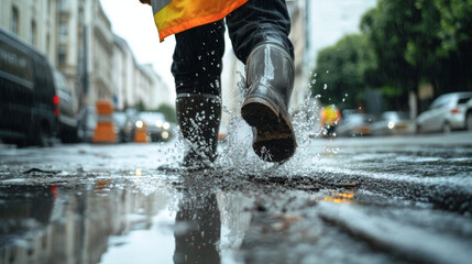A person wearing a bright yellow raincoat and rubber boots walks through a puddle on a city street. Water splashes around their feet.