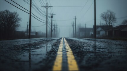 A wet, empty road stretches into the distance under a foggy sky. Power lines run alongside the road, and houses are faintly visible in the background.