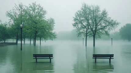 A serene park scene with two benches partially submerged in water. Lush green trees surround the area, creating a tranquil atmosphere in a foggy environment.