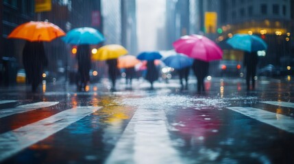 People walking in a city during rain, holding colorful umbrellas. Wet streets reflect the vibrant colors of the umbrellas and city lights.