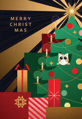 Christmas illustration with decorated Christmas tree gift boxes and cute cat with sparkling eyes. Minimalist geometric style.