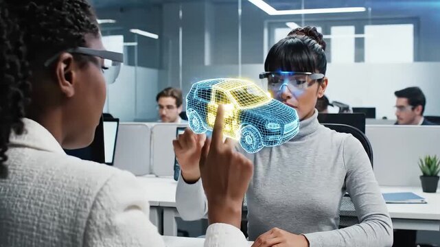 two female engineers using ar glasses to project and design a 3d car model in an office