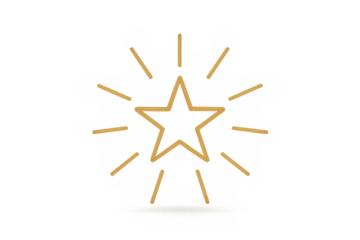 Shining golden star outline with radiating lines, abstract sparkling award or quality icon on transparent background