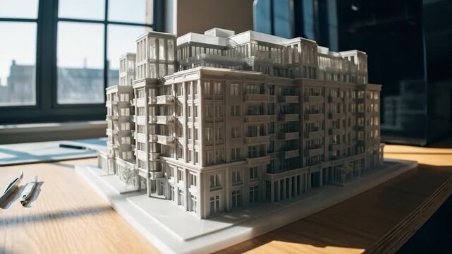 Architectural model of modern building design on wooden desk with sunlight
