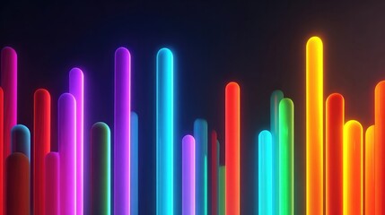 Vibrant glowing neon light bars in various colors on dark background, abstract futuristic technology design, modern digital art and energy concept.