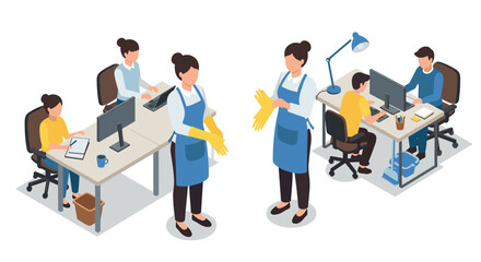 Isometric office and cleaning staff teamwork in modern workspace