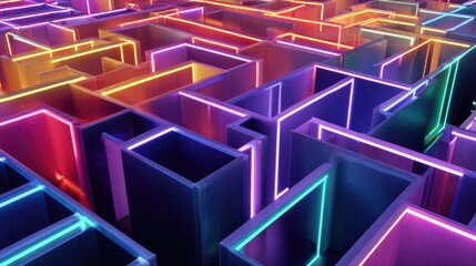Colorful 3D neon maze glowing in purple, blue, orange and green lights, abstract futuristic digital background symbolizing complexity, data and innovation.